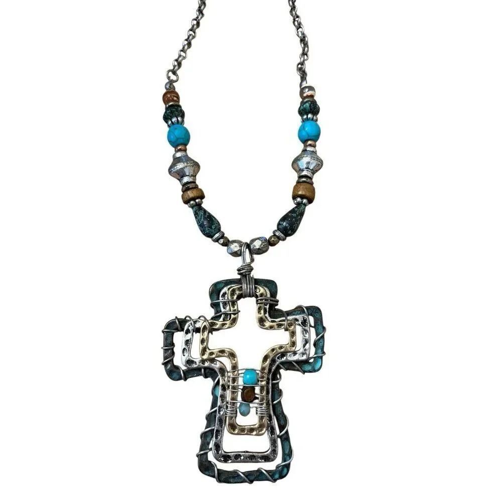 Southwestern Silver Tone Cross Wire Wrapped 3 Metals Pendant Long Bead Necklace